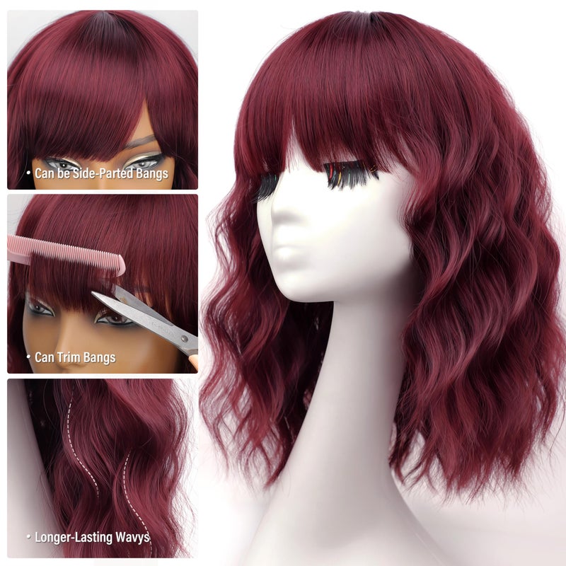 Nnzes Bob Curly Wig Synthetic Short Wine Red Wig with Bangs Natural Looking Heat Resistant Fiber Hair for Women - Image 2